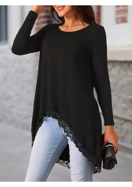 Kadın Uzun Kollu Bisiklet Yaka Asimetrik Kesim Detaylı Dantelli Viskon Bluz fiyatları