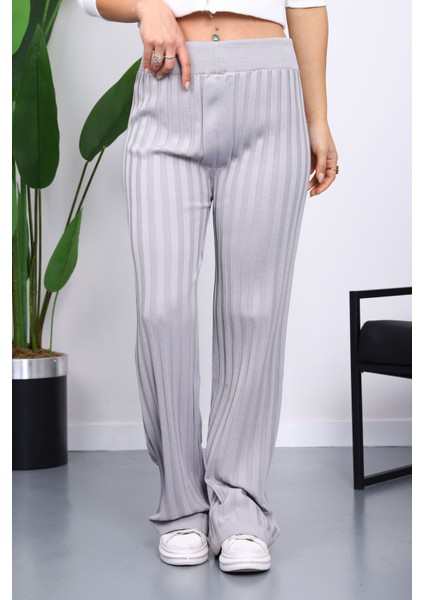 Gri Yüksek Bel Fitilli Bol Paça Triko Pantolon