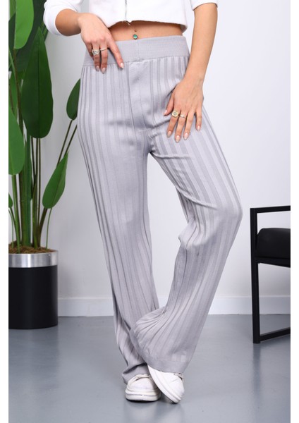 Gri Yüksek Bel Fitilli Bol Paça Triko Pantolon modelleri