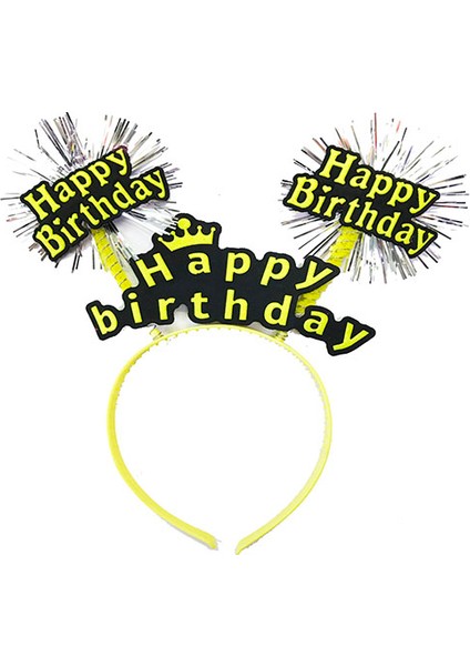 Parti Happy Birthday Püsküllü Neon Sarı Renk Doğum Günü Tacı 22x19 cm
