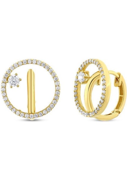 Altın Taşlı Tasarım Küpe - 14K