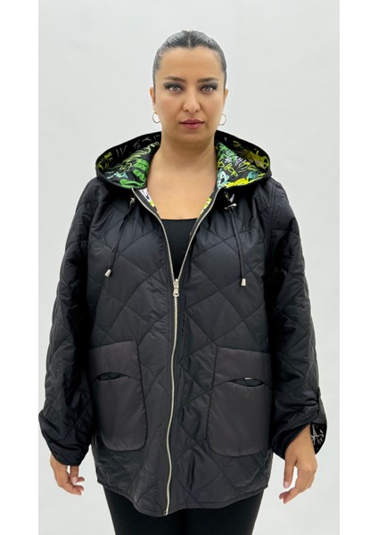 Büyük Beden Çift Taraflı Kapüşonlu Kadın Ince Rüzgarlık Ceket