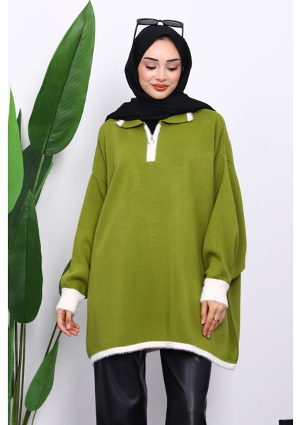 Yeşil Gömlek Yaka Fermuarlı Triko Tunik