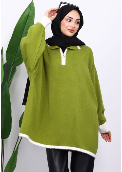 Yeşil Gömlek Yaka Fermuarlı Triko Tunik modelleri