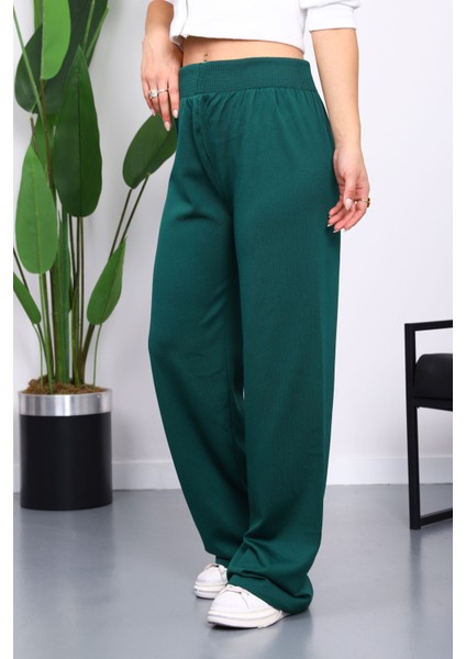 Zümrüt Yeşili Yüksek Bel Fitilli Bol Paça Triko Pantolon