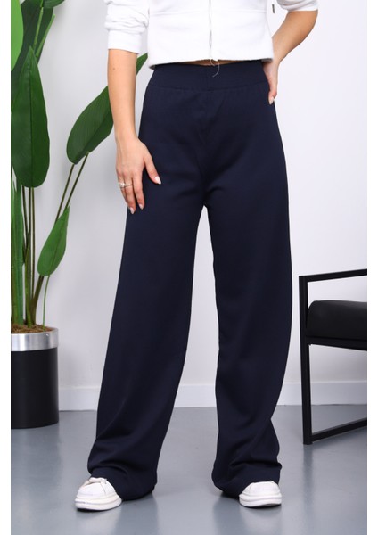 Lacivert Yüksek Bel Fitilli Bol Paça Triko Pantolon