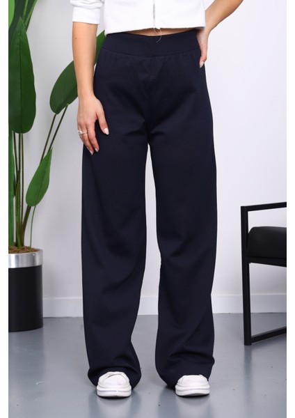 Lacivert Yüksek Bel Fitilli Bol Paça Triko Pantolon fiyatları
