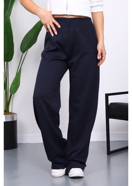 Lacivert Yüksek Bel Fitilli Bol Paça Triko Pantolon fırsatları