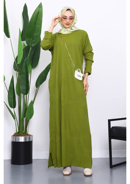 Yeşil Bisiklet Yaka Yan Yırtmaçlı Triko Elbise fiyatları