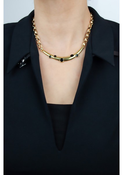 Halka Zincir Siyah Mine Detay Uçlu Kolye