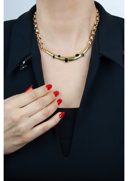 Halka Zincir Siyah Mine Detay Uçlu Kolye modelleri