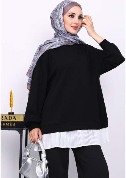 Siyah Pilise Detaylı Bisiklet Yaka Sweatshirt