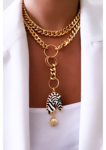 Çift Sıralı Zebra Figür Gold Zincir Kolye