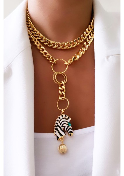 Çift Sıralı Zebra Figür Gold Zincir Kolye fiyatları
