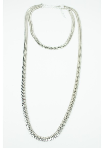 Ezme Zincir Gümüş Renk Ikili Kolye