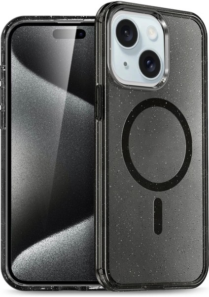 Apple iPhone 15 Glow Simli Standlı Lens Hediyeli Kılıf Kapak - Siyah