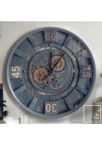 Getafe 60 cm Gri Metal Döner Çarklı Duvar Saati – Endüstriyel Büyük Saat Ev Ofis Hediyesi