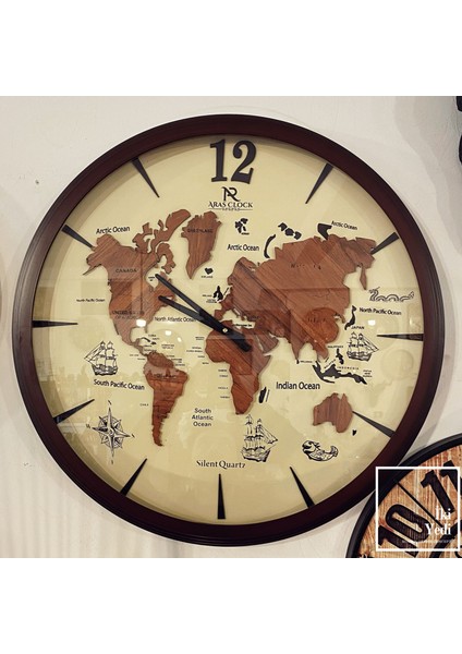Eduardo Dünya Haritalı Duvar Saati | 68 cm Büyük Boy Ahşap Görünümlü Dekoratif Saat Ev Ofis Hediye fiyatları