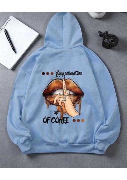 Punıx Büyük Beden Özel Tasarım Kapüşonlu Enjoy Tıme Sırt Baskılı %100 Pamuk Oversize Kadın Sweatshırt