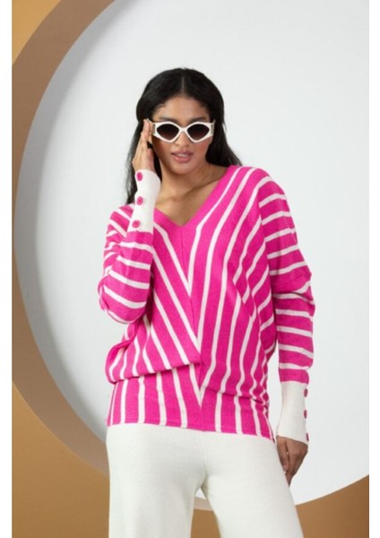 Kadın Çizgili V Yaka Triko Tunik Standart Beden 21004