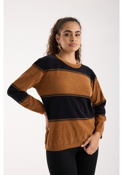 Kadın Taba-Siyah Iki Renkli Çapraz Kontrast Dikiş Detaylı Şönil Kadife Triko Bluz fiyatları