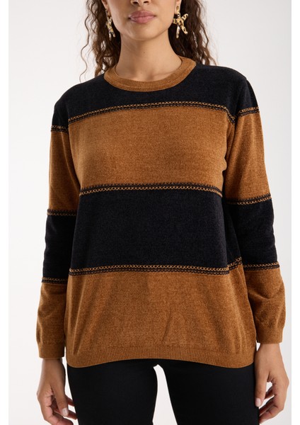 Kadın Taba-Siyah Iki Renkli Çapraz Kontrast Dikiş Detaylı Şönil Kadife Triko Bluz modelleri