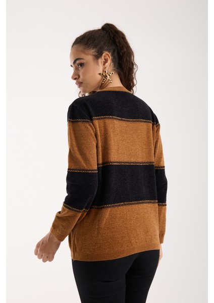 Kadın Taba-Siyah Iki Renkli Çapraz Kontrast Dikiş Detaylı Şönil Kadife Triko Bluz indirimleri