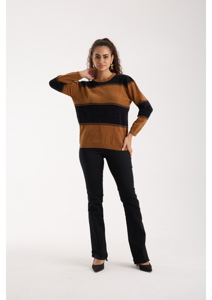 Kadın Taba-Siyah Iki Renkli Çapraz Kontrast Dikiş Detaylı Şönil Kadife Triko Bluz