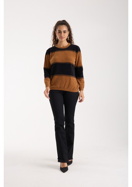 Kadın Taba-Siyah Iki Renkli Çapraz Kontrast Dikiş Detaylı Şönil Kadife Triko Bluz