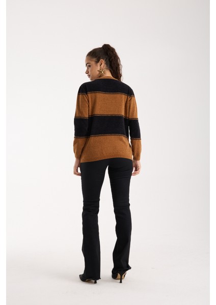 Kadın Taba-Siyah Iki Renkli Çapraz Kontrast Dikiş Detaylı Şönil Kadife Triko Bluz