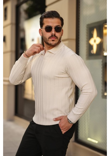 Erkek Çizgi Kabartmalı Uzun Kollu Triko