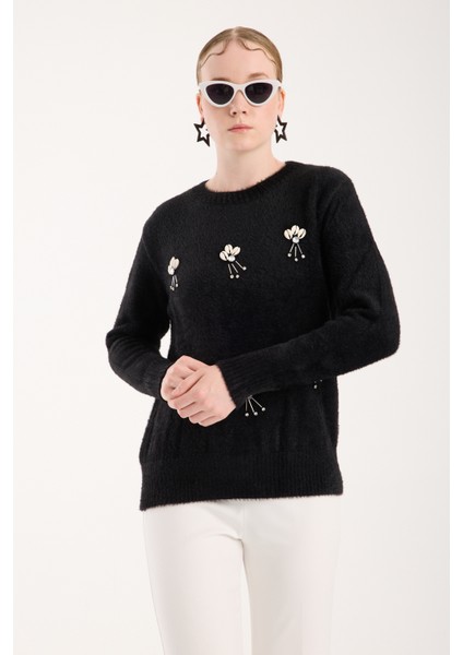 Kadın Siyah Sakal Iplik Önü Aksesuarlı Bisiklet Yaka Triko Kazak fiyatları