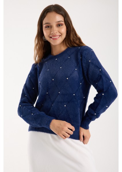 Kadın Koyu Laci Sakal Iplik Taş Detaylı Bisiklet Yaka Triko Kazak