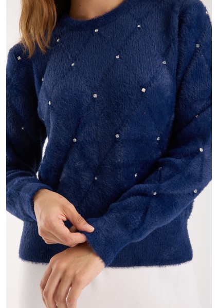 Kadın Koyu Laci Sakal Iplik Taş Detaylı Bisiklet Yaka Triko Kazak modelleri