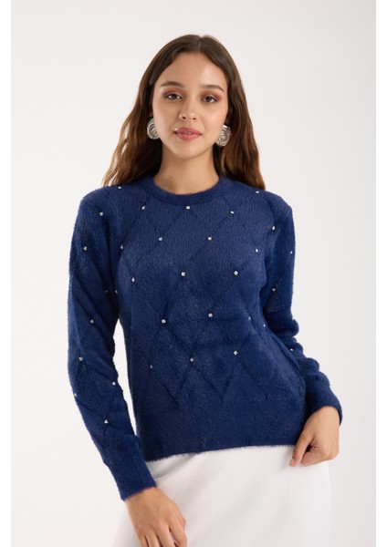 Kadın Koyu Laci Sakal Iplik Taş Detaylı Bisiklet Yaka Triko Kazak fırsatları