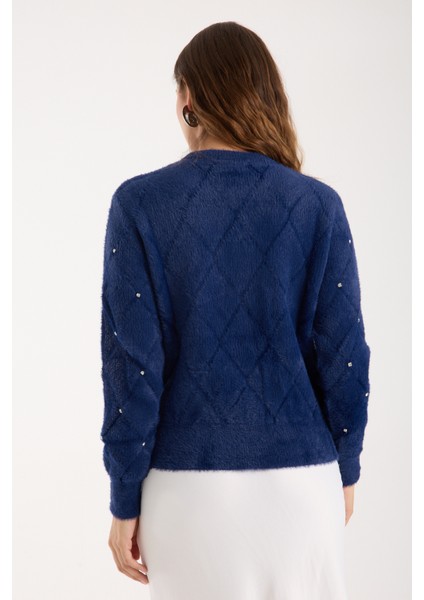 Kadın Koyu Laci Sakal Iplik Taş Detaylı Bisiklet Yaka Triko Kazak indirimleri