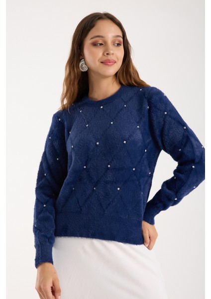 Kadın Koyu Laci Sakal Iplik Taş Detaylı Bisiklet Yaka Triko Kazak