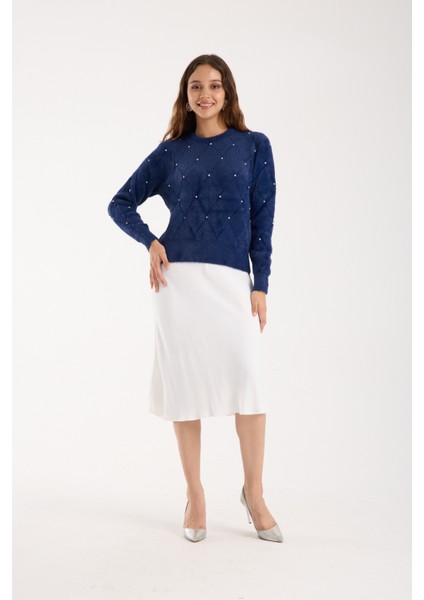 Kadın Koyu Laci Sakal Iplik Taş Detaylı Bisiklet Yaka Triko Kazak