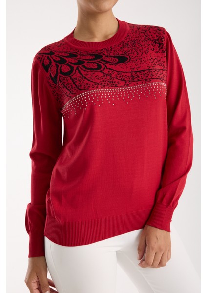 Kadın Kırmızı Elit Viskon Kumaş Taş Detaylı Bisiklet Yaka Triko Bluz fırsatları