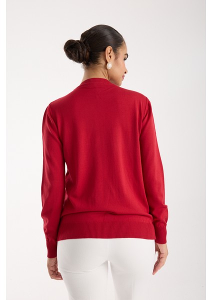 Kadın Kırmızı Elit Viskon Kumaş Taş Detaylı Bisiklet Yaka Triko Bluz indirimleri