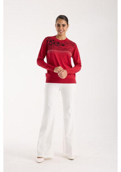 Kadın Kırmızı Elit Viskon Kumaş Taş Detaylı Bisiklet Yaka Triko Bluz