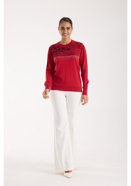 Kadın Kırmızı Elit Viskon Kumaş Taş Detaylı Bisiklet Yaka Triko Bluz