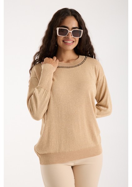 Kadın Açık Bej Viskon Vortex Iplik Taş Detaylı Bisiklet Yaka Simli Triko Bluz