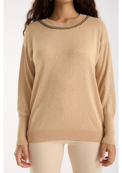 Kadın Açık Bej Viskon Vortex Iplik Taş Detaylı Bisiklet Yaka Simli Triko Bluz modelleri