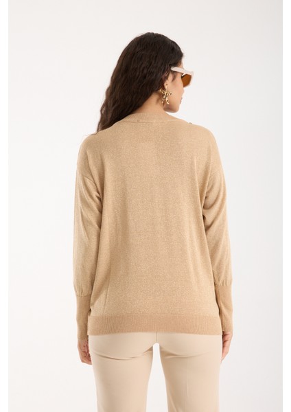 Kadın Açık Bej Viskon Vortex Iplik Taş Detaylı Bisiklet Yaka Simli Triko Bluz indirimleri