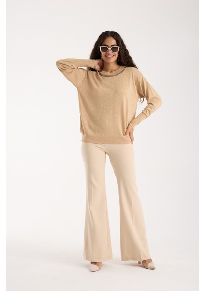 Kadın Açık Bej Viskon Vortex Iplik Taş Detaylı Bisiklet Yaka Simli Triko Bluz