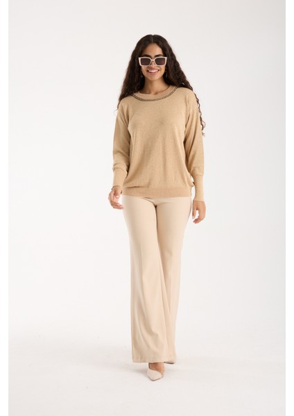 Kadın Açık Bej Viskon Vortex Iplik Taş Detaylı Bisiklet Yaka Simli Triko Bluz