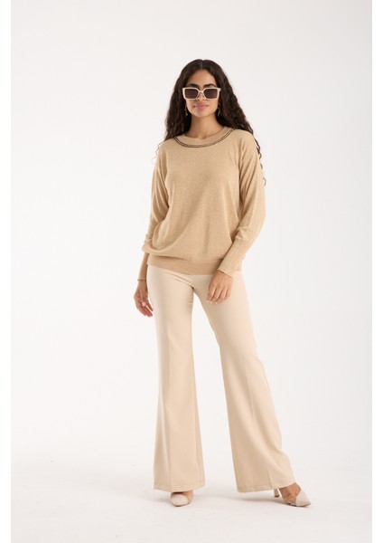 Kadın Açık Bej Viskon Vortex Iplik Taş Detaylı Bisiklet Yaka Simli Triko Bluz