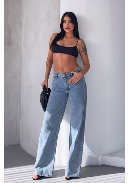 Geniş Paça Düşük Bel Kadın Jean Pantolon - Mavi Mavi - 28