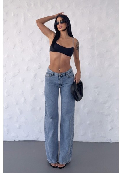 Geniş Paça Düşük Bel Kadın Jean Pantolon - Mavi Mavi - 28 fiyatları